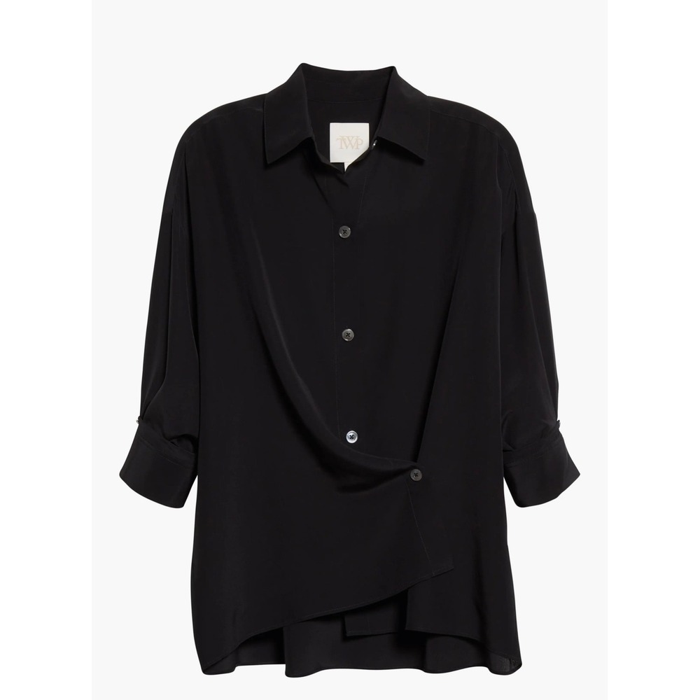 TWP Midnight Satin Sheets Blouse Black 100% Silk Oversized Button Down XS/S - Picture 4 of 15